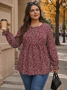 Rosumi Plus Ditsy Floral Print Flounce Sleeve Peplum Blouse,Flower/Spring/Summer/Vacation Fall - Red and White - View 7