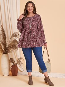 Rosumi Plus Ditsy Floral Print Flounce Sleeve Peplum Blouse,Flower/Spring/Summer/Vacation Fall - Red and White - View 4