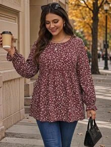 Rosumi Plus Ditsy Floral Print Flounce Sleeve Peplum Blouse,Flower/Spring/Summer/Vacation Fall - Red and White - View 2