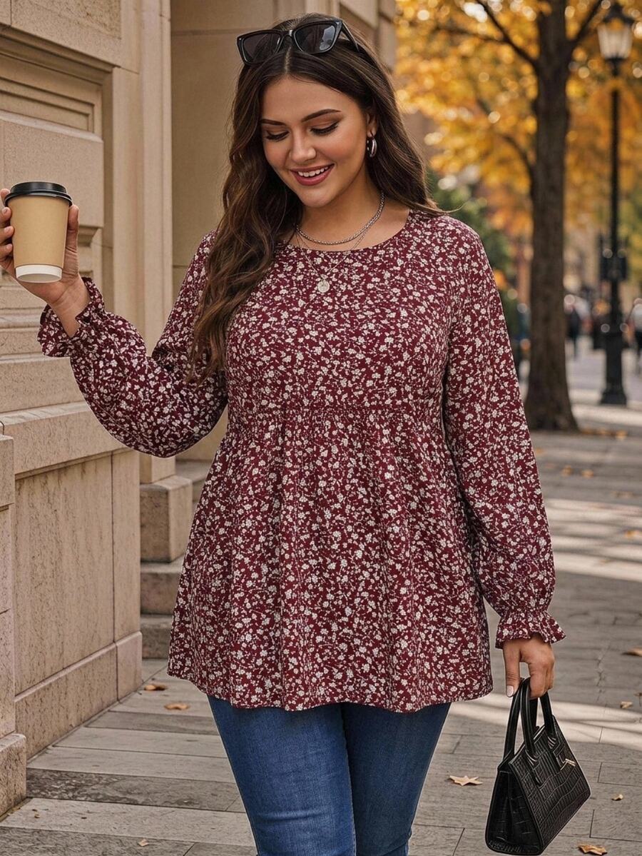 Rosumi Plus Ditsy Floral Print Flounce Sleeve Peplum Blouse,Flower/Spring/Summer/Vacation Fall