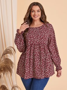 Rosumi Plus Ditsy Floral Print Flounce Sleeve Peplum Blouse,Flower/Spring/Summer/Vacation Fall - Red and White - View 5