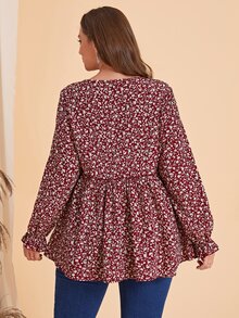 Rosumi Plus Ditsy Floral Print Flounce Sleeve Peplum Blouse,Flower/Spring/Summer/Vacation Fall - Red and White - View 3