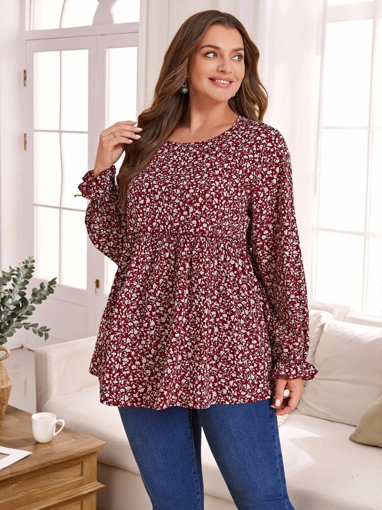 Rosumi Plus Ditsy Floral Print Flounce Sleeve Peplum Blouse,Flower/Spring/Summer/Vacation Fall - Red and White - View 5