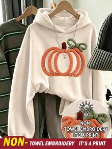 SHEIN Sparklyn 青少年女孩仿刺繡南瓜印花運動衫，秋季風格，休閒可愛，返校季，韓系萬聖節感恩節米色 - 杏色 - 查看 4