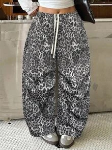 Muchica Plus-Size Autumn Casual Versatile Everyday Vacation Stylish Gray Leopard Print Wide-Leg Pants With Pockets And Drawstring. Fall Date Night Formal - Multicolor - View 1