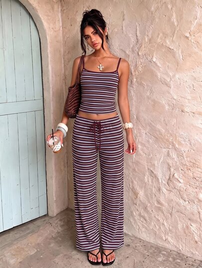 Aloruh Women's Summer Casual Streetwear Light Blue Camisole Long Pants Lounge Set, Casual Daily Home Wear Lounge Daytime