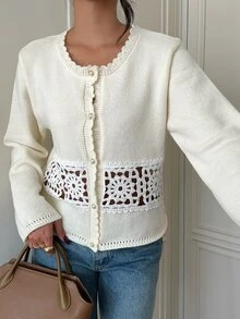 Siren Gaze Women's Lace Patchwork Round Neck Cardigan Sweater, Autumn - Apricot - View 8