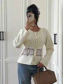 Siren Gaze Women's Lace Patchwork Round Neck Cardigan Sweater, Autumn - Apricot - View 6