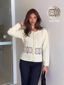 Siren Gaze Women's Lace Patchwork Round Neck Cardigan Sweater, Autumn - Apricot - View 5