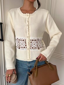 Siren Gaze Women's Lace Patchwork Round Neck Cardigan Sweater, Autumn - Apricot - View 9