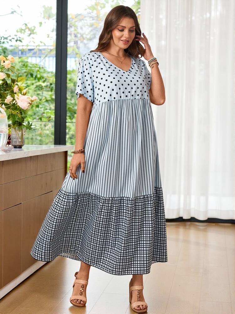 Rosumi Plus Size Women Casual V-Neck Polka Dot & Striped Print Dress Boho Summer Outfit For Beach Vacation Outfits, Dresses Picnic Woman - Multicolor - View 9
