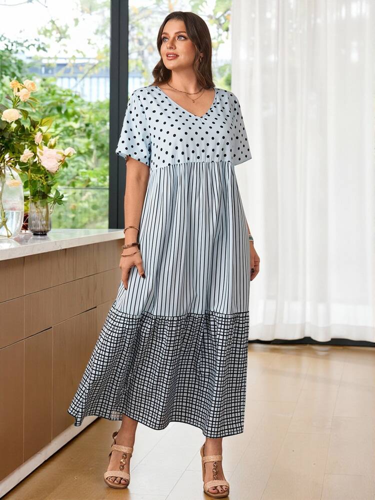 Rosumi Plus Size Women Casual V-Neck Polka Dot & Striped Print Dress Boho Summer Outfit For Beach Vacation Outfits, Dresses Picnic Woman - Multicolor - View 6