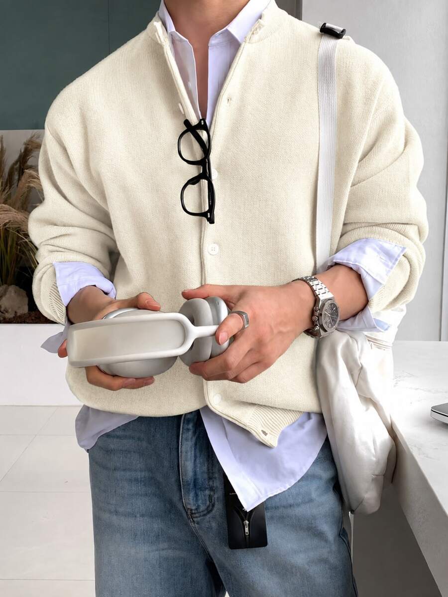 NEOSTRIT 男士素色長袖單排扣休閒針織開襟衫 - 米色 - 查看 1