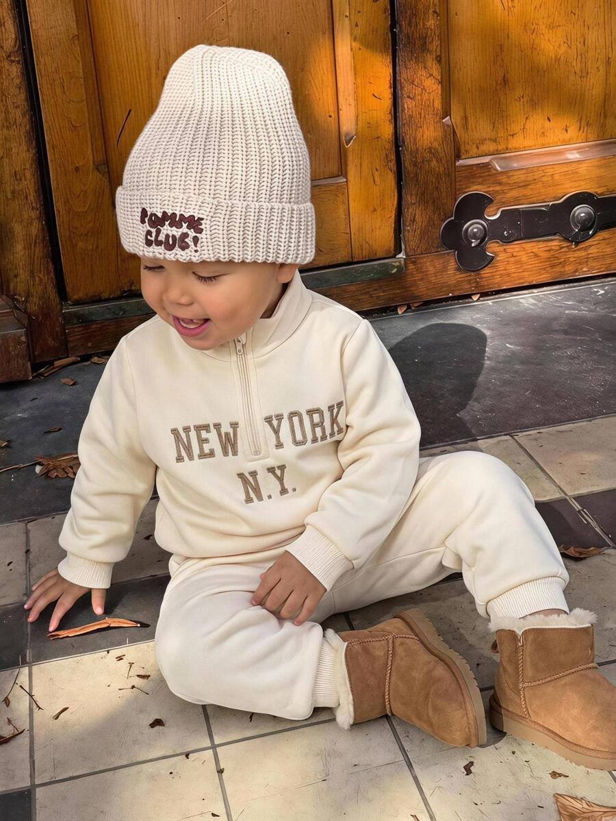 SHEIN 男女嬰兒/幼兒秋冬保暖內裡加厚休閒可愛杏色立領運動衫套裝,嬰兒運動服,嬰兒冬季衣著,套裝 - 杏色 - 查看 1