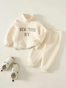SHEIN 男女嬰兒/幼兒秋冬保暖內裡加厚休閒可愛杏色立領運動衫套裝，嬰兒運動服，嬰兒冬季衣著，套裝 - 杏色 - 查看 7