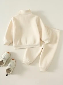 SHEIN 男女嬰兒/幼兒秋冬保暖內裡加厚休閒可愛杏色立領運動衫套裝，嬰兒運動服，嬰兒冬季衣著，套裝 - 杏色 - 查看 2
