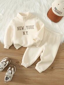 SHEIN 男女嬰兒/幼兒秋冬保暖內裡加厚休閒可愛杏色立領運動衫套裝，嬰兒運動服，嬰兒冬季衣著，套裝 - 杏色 - 查看 6