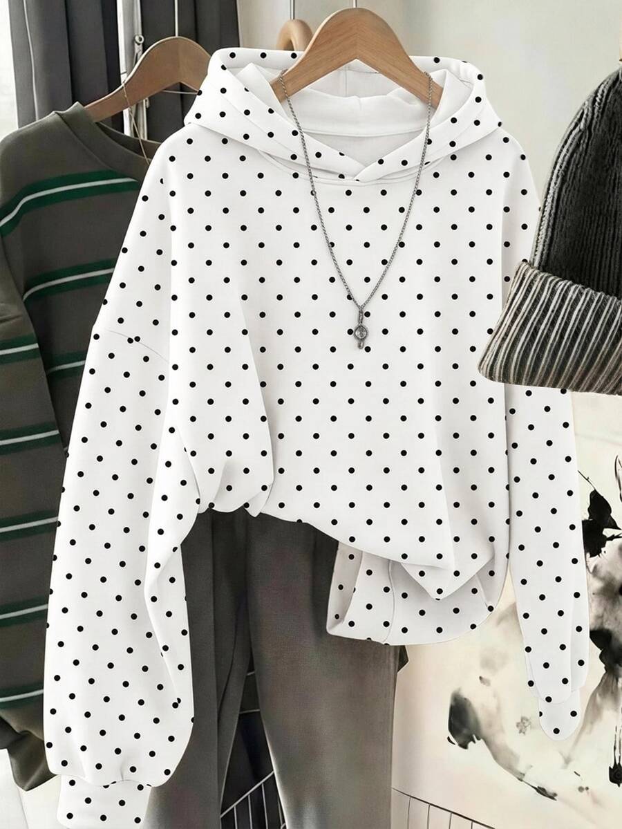 SHEIN 青少年女孩休閒時尚波點圖案厚實舒適柔軟連帽衛衣，適合秋冬日常、街頭、戶外、Y2K、運動、校園、返校，甜美女孩風