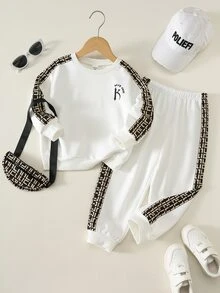 SHEIN 買2送1，幼童男孩，幼童男孩3件組秋冬時尚拼色運動衫套裝與斜挎包多件套裝，幼兒服飾，秋冬服飾，街頭風，柔軟 - 白色 - 查看 9