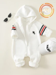 SHEIN 男嬰秋冬保暖內裡加厚騎士印花拉鍊連帽連身衣 - 白色 - 查看 7