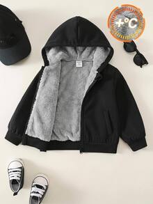 SHEIN 中性嬰兒男/女童加厚抓絨休閒黑色連帽冬季外套，抓絨，加厚 - 黑色 - 查看 7