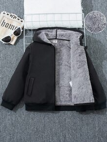 SHEIN 中性嬰兒男/女童加厚抓絨休閒黑色連帽冬季外套，抓絨，加厚 - 黑色 - 查看 4