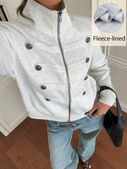 Siren Gaze Women's New Autumn/Winter Light Grey Thermal-Lined Napoleon Style Sweatshirt Jacket City Break School Casual Preppy