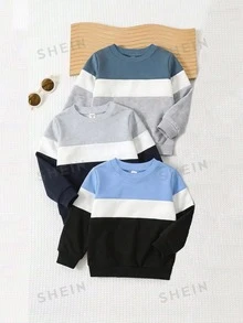 Kids Young Boy Casual Minimalist Striped Pattern 3pcs Long Sleeve Sweatshirt Set Suitable For Autumn/Winter - Multicolor - View 2