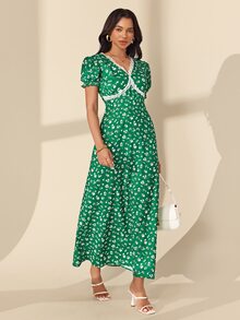 Almamuse Women's Elegant Floral Lace Patchwork V-Neck Dress For Vacation - Green - View 3