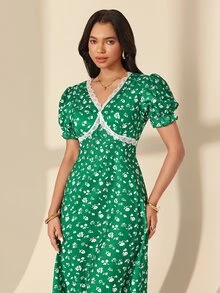 Almamuse Women's Elegant Floral Lace Patchwork V-Neck Dress For Vacation - Green - View 5