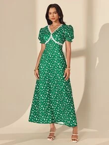 Almamuse Women's Elegant Floral Lace Patchwork V-Neck Dress For Vacation - Green - View 7