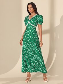 Almamuse Women's Elegant Floral Lace Patchwork V-Neck Dress For Vacation - Green - View 4