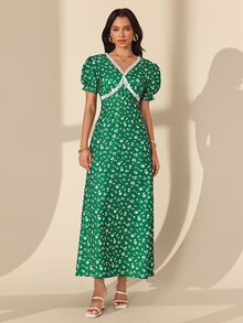 Almamuse Women's Elegant Floral Lace Patchwork V-Neck Dress For Vacation - Green - View 6