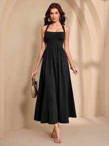 Almamuse Women's Elegant Tie-Up Waist Dress - Black - View 3