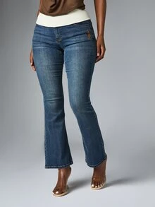 BABYPHAT Low Rise Flared Jeans With Gold Embroidery Logo Detail And Medium Wash Finish Perfect For Spring Summer Casual Outings - Medium Wash - View 1