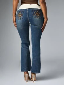 BABYPHAT Low Rise Flared Jeans With Gold Embroidery Logo Detail And Medium Wash Finish Perfect For Spring Summer Casual Outings - Medium Wash - View 2