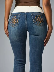 BABYPHAT Low Rise Flared Jeans With Gold Embroidery Logo Detail And Medium Wash Finish Perfect For Spring Summer Casual Outings - Medium Wash - View 6