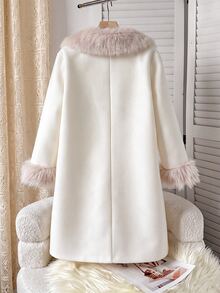 SHEIN معطف صوف متوسط الطول للفتيات المراهقات، مبطن حراري سميك، كاجوال بطراز ريترو مع تصميم باتشوورك، ياقة فرو، أزرار معدنية أمامية، مقاس كبير، للخريف والشتاء - أبيض - مشاهدة 3