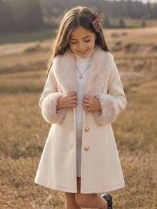 SHEIN معطف صوف متوسط الطول للفتيات المراهقات، مبطن حراري سميك، كاجوال بطراز ريترو مع تصميم باتشوورك، ياقة فرو، أزرار معدنية أمامية، مقاس كبير، للخريف والشتاء - أبيض - مشاهدة 5