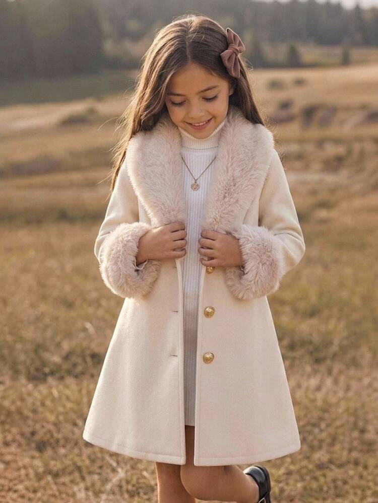 SHEIN 少女秋冬保暖內裡加厚休閒復古拼接大廓形毛領金屬鈕扣前開中長款羊毛大衣 - 白色 - 查看 5