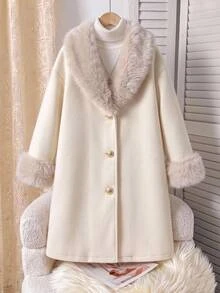 SHEIN معطف صوف متوسط الطول للفتيات المراهقات، مبطن حراري سميك، كاجوال بطراز ريترو مع تصميم باتشوورك، ياقة فرو، أزرار معدنية أمامية، مقاس كبير، للخريف والشتاء - أبيض - مشاهدة 2