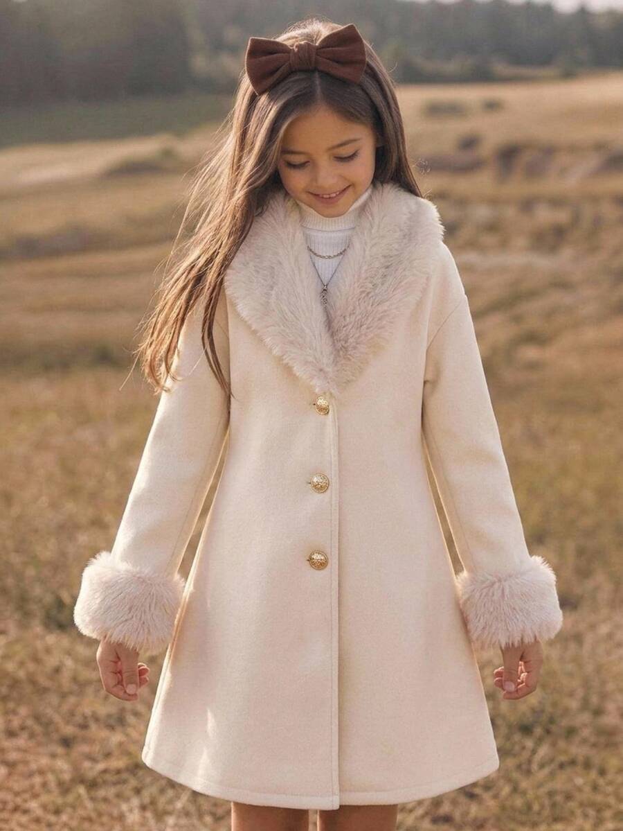 SHEIN Tween Girl Autumn/Winter Thermal Lined Thickened Casual Retro Patchwork Oversized Fur Collar Metal Button Front Mid-Length Wool Coat - White - View 1
