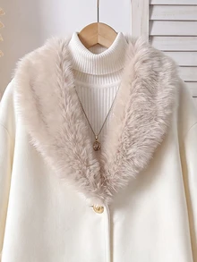 SHEIN معطف صوف متوسط الطول للفتيات المراهقات، مبطن حراري سميك، كاجوال بطراز ريترو مع تصميم باتشوورك، ياقة فرو، أزرار معدنية أمامية، مقاس كبير، للخريف والشتاء - أبيض - مشاهدة 4