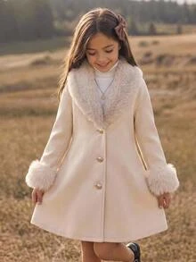 SHEIN معطف صوف متوسط الطول للفتيات المراهقات، مبطن حراري سميك، كاجوال بطراز ريترو مع تصميم باتشوورك، ياقة فرو، أزرار معدنية أمامية، مقاس كبير، للخريف والشتاء - أبيض - مشاهدة 1