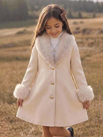 SHEIN معطف صوف متوسط الطول للفتيات المراهقات، مبطن حراري سميك، كاجوال بطراز ريترو مع تصميم باتشوورك، ياقة فرو، أزرار معدنية أمامية، مقاس كبير، للخريف والشتاء