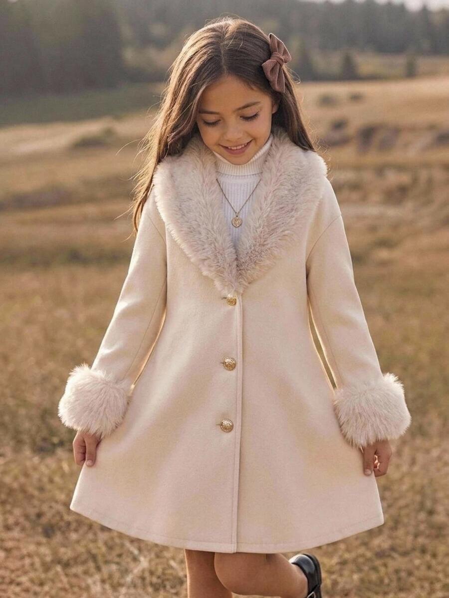 SHEIN معطف صوف متوسط الطول للفتيات المراهقات، مبطن حراري سميك، كاجوال بطراز ريترو مع تصميم باتشوورك، ياقة فرو، أزرار معدنية أمامية، مقاس كبير، للخريف والشتاء - أبيض - مشاهدة 1