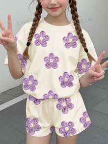 青少年女孩休閒可愛趣味紋理碎花白色紫羅蘭鄉村風圓領短袖T恤寬鬆短褲兩件套，適合春夏，圖案舒適女孩套裝，Y2K復古度假波點 - 彩色 - 查看 1