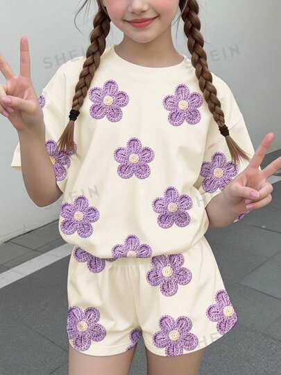 青少年女孩休閒可愛趣味紋理碎花白色紫羅蘭鄉村風圓領短袖T恤寬鬆短褲兩件套，適合春夏，圖案舒適女孩套裝，Y2K復古度假波點