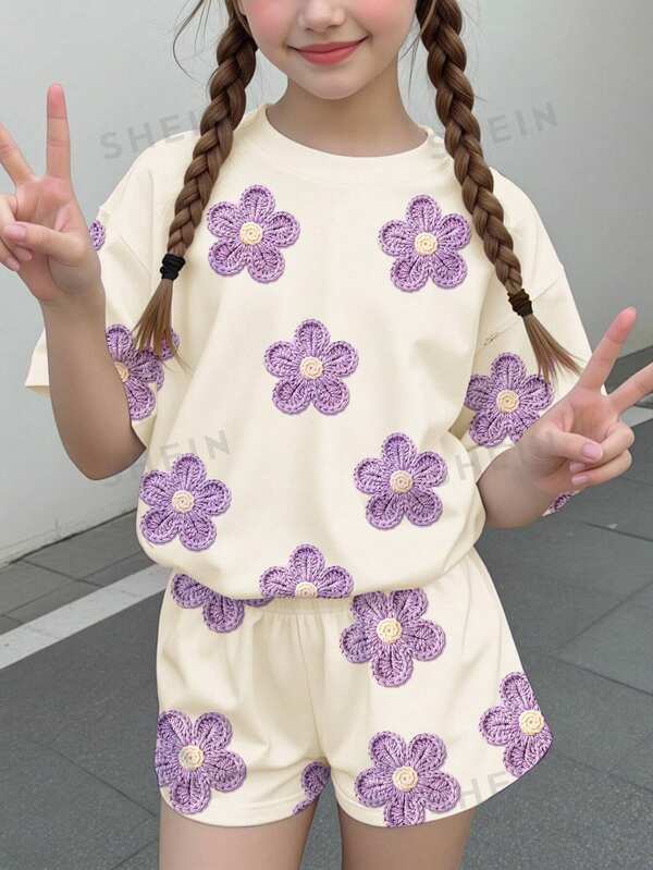 Tween Girl Casual Cute Fun Textured Ditsy Floral, White Violet, Ditsy Floral Countryside, Round Neck Short Sleeve T-Shirt Loose Shorts Two Pieces Set Suitable For Spring/Summer, Graphic, Cozy, Girls Outfit Sets, Y2K, Vintage, Vacation, Polka Dot