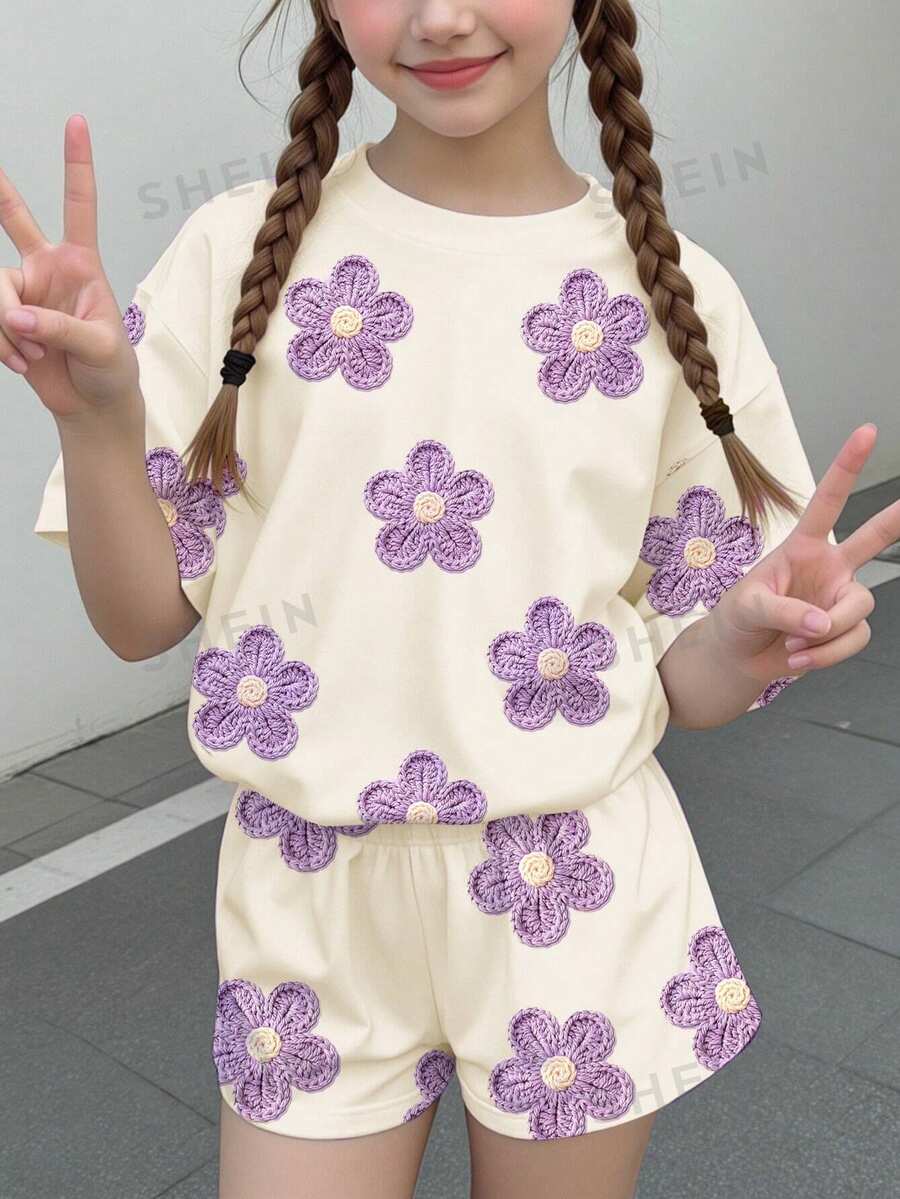 青少年女孩休閒可愛趣味紋理碎花白色紫羅蘭鄉村風圓領短袖T恤寬鬆短褲兩件套,適合春夏,圖案舒適女孩套裝,Y2K復古度假波點 - 彩色 - 查看 1